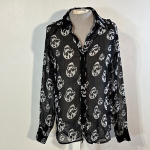 G.L.A.M. Black & White Skull Print Button Down Shirt Women’s Medium Sheer Hi Low
